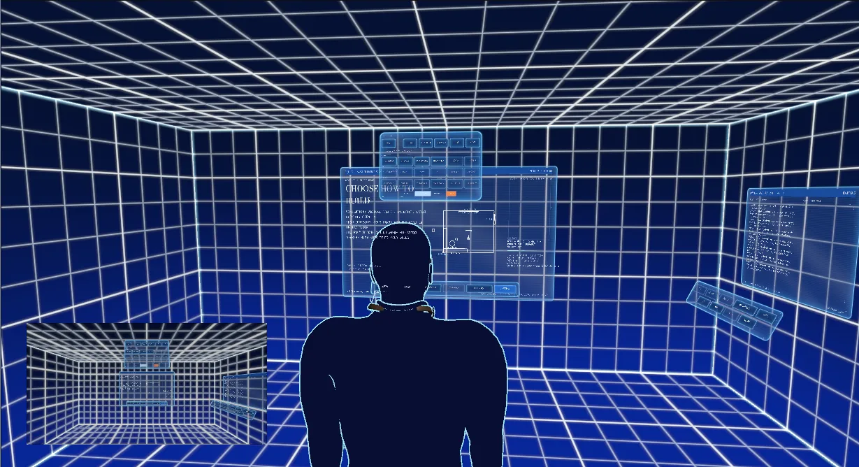 The AiAD Assembly Room in a browser — a work standing in the studio, its parts laid out to be built.