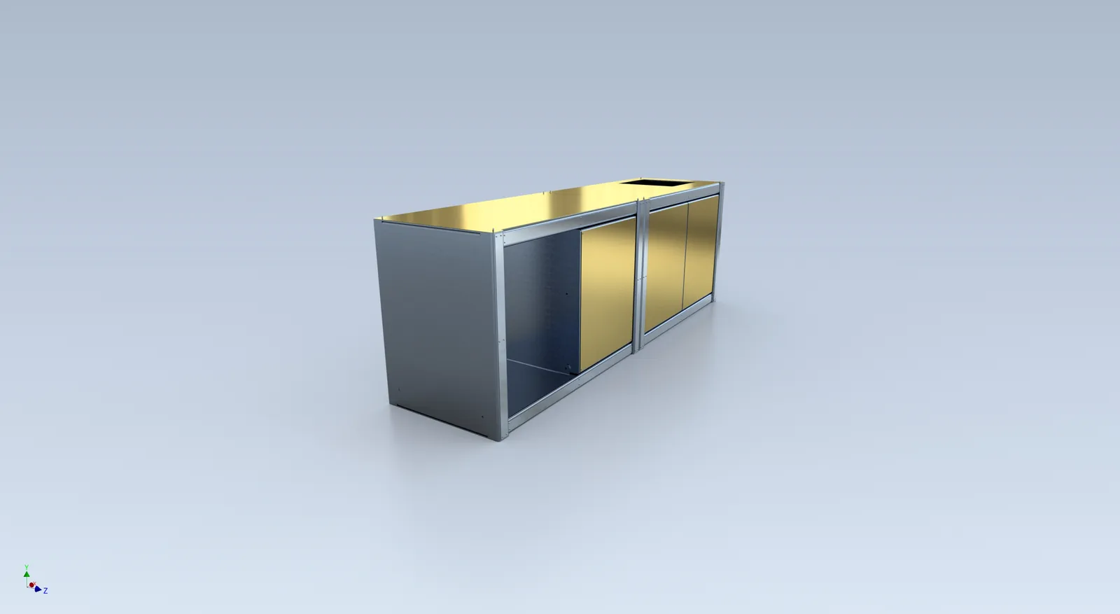 CAD fabrication model of Cube Coffee, three-quarter view with every panel closed.