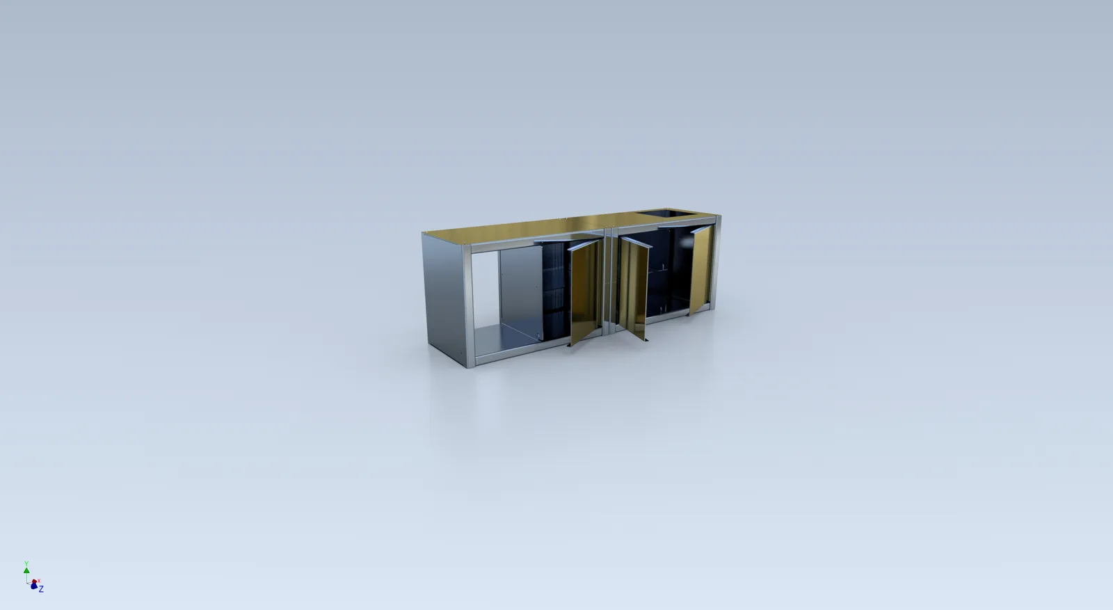 CAD fabrication model of Cube Coffee viewed from the end the barista works at.