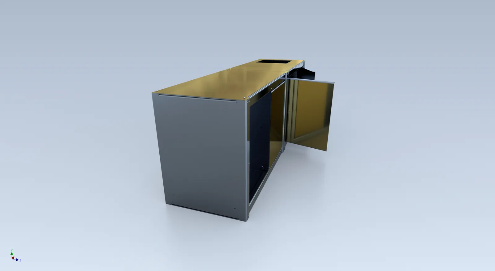 CAD fabrication model of Cube Coffee with one end door open, showing the lined interior.