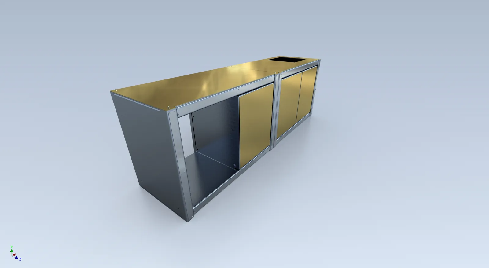 CAD fabrication model of Cube Coffee with both bays drawn back.