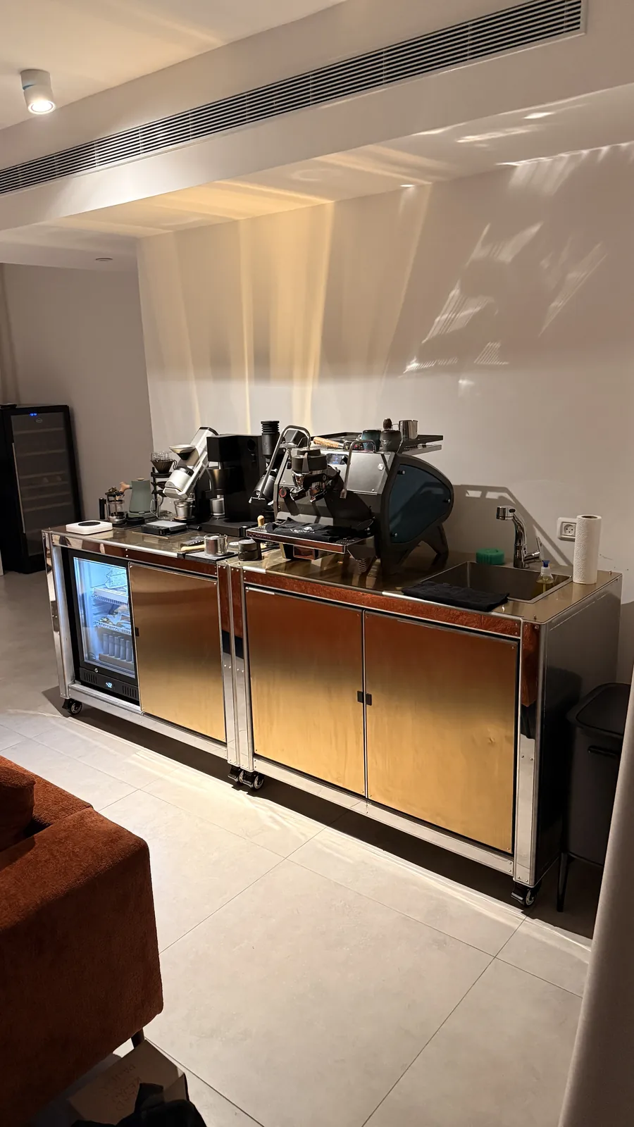 Cube Coffee seen from across the room, in context with the furniture.
