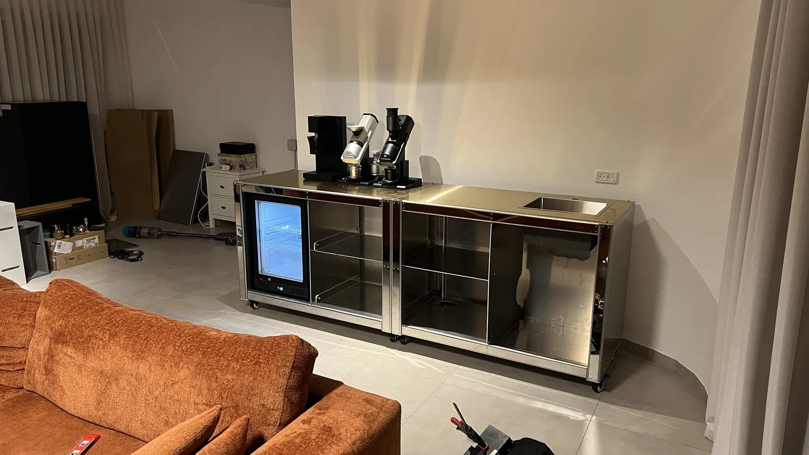 The Cube Coffee frame with its display fitted, cladding not yet on.