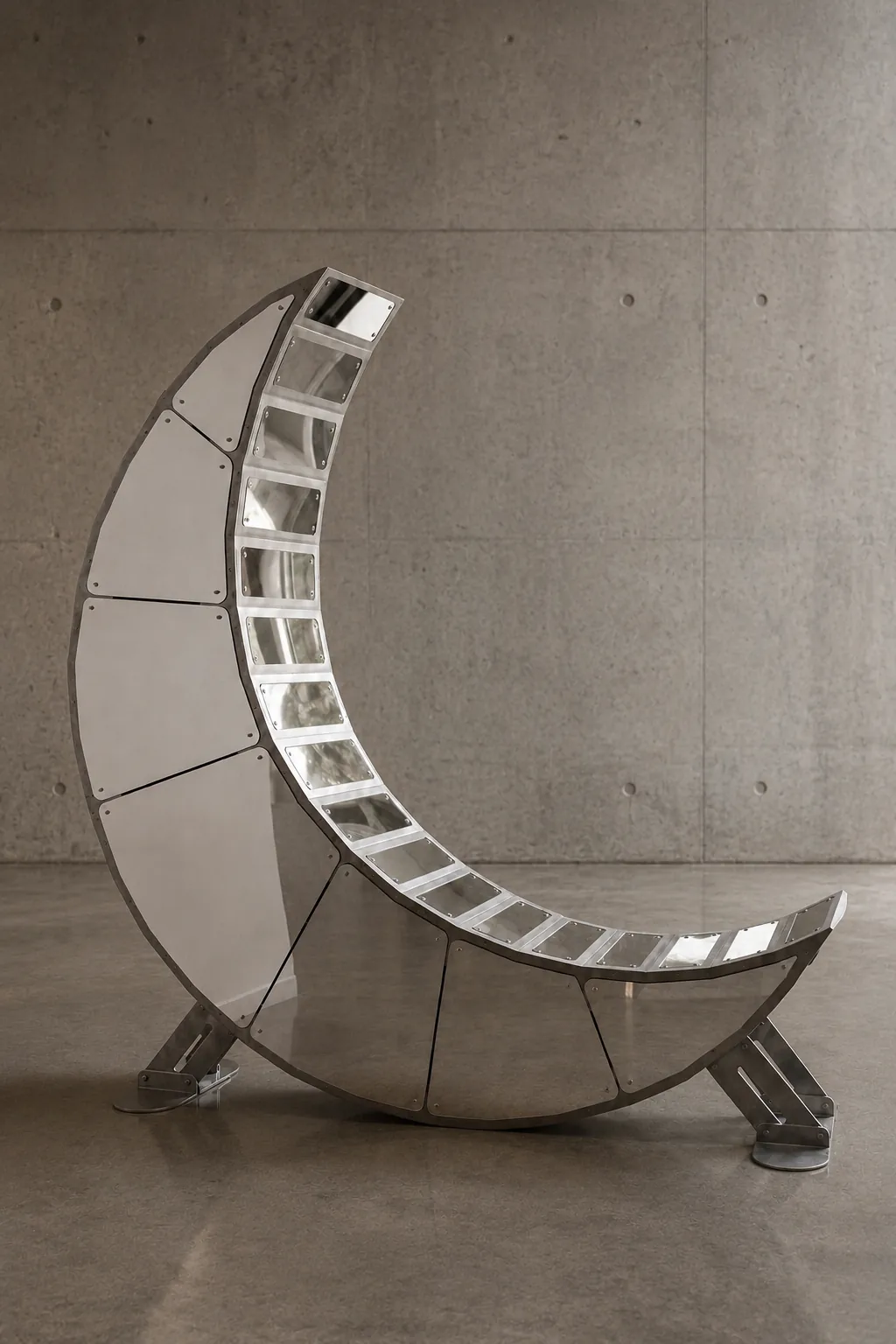 Moon Chair — the full crescent in mirror steel, standing on a concrete floor.