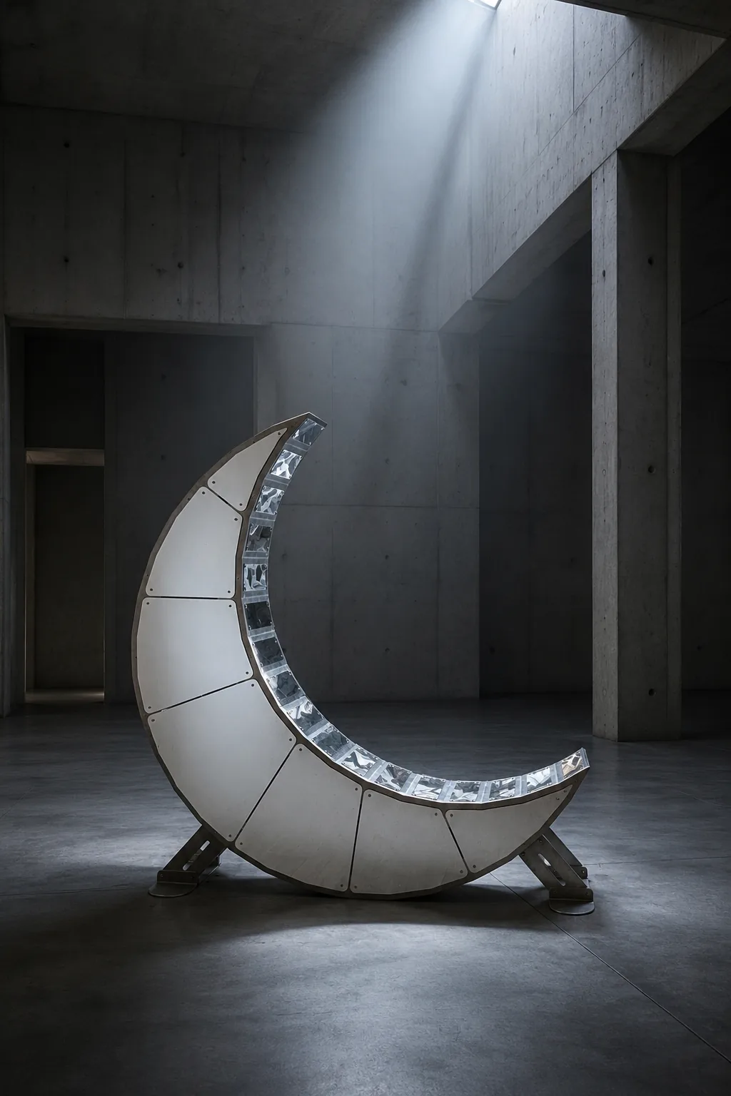 Moon Chair — the full crescent in mirror steel on a concrete floor.