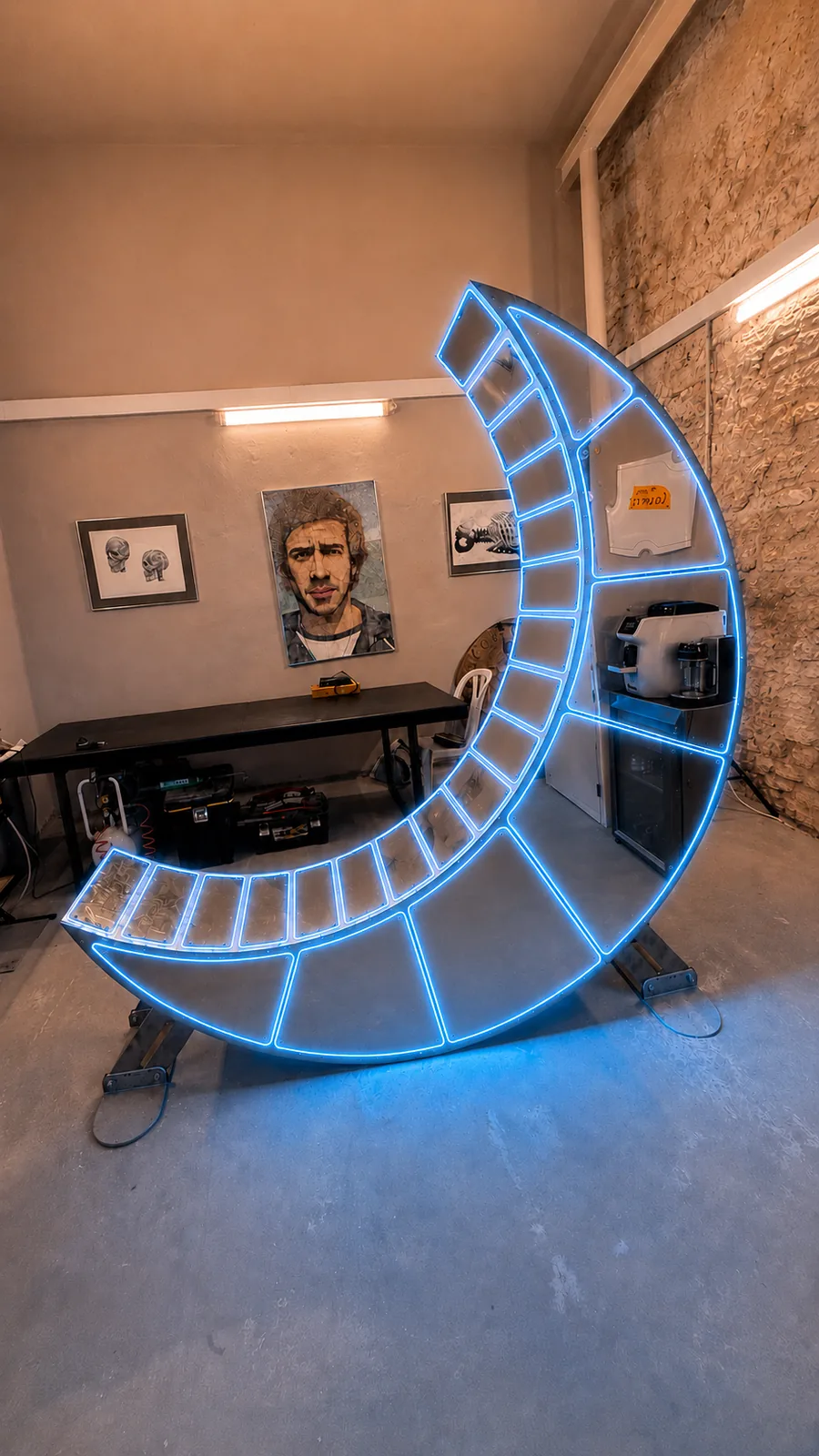 Moon Chair in the studio with its LED system lit, every seat plate outlined in blue light.