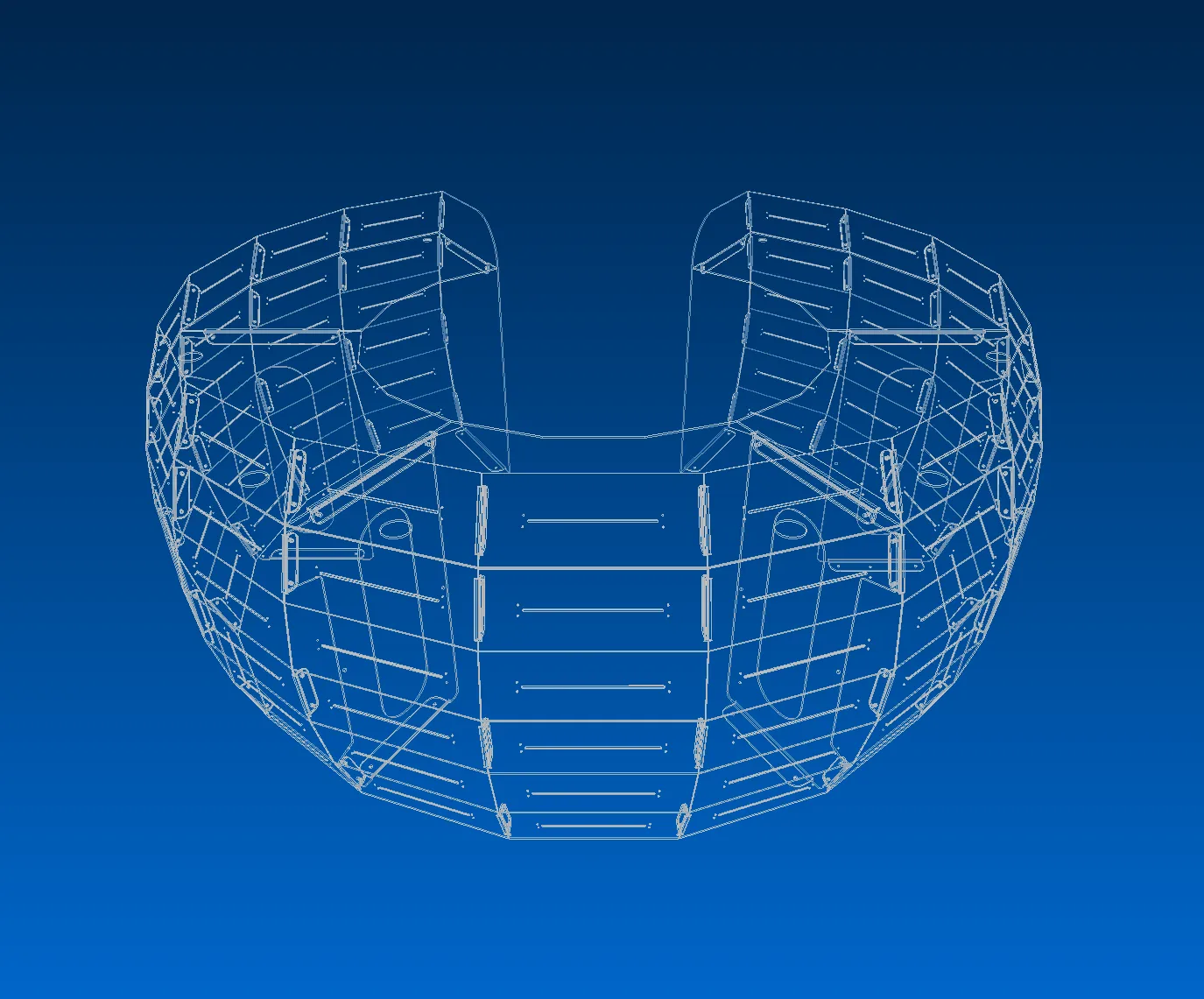 Octa Dec 18 — CAD wireframe blueprint, perspective view of the faceted horseshoe body.