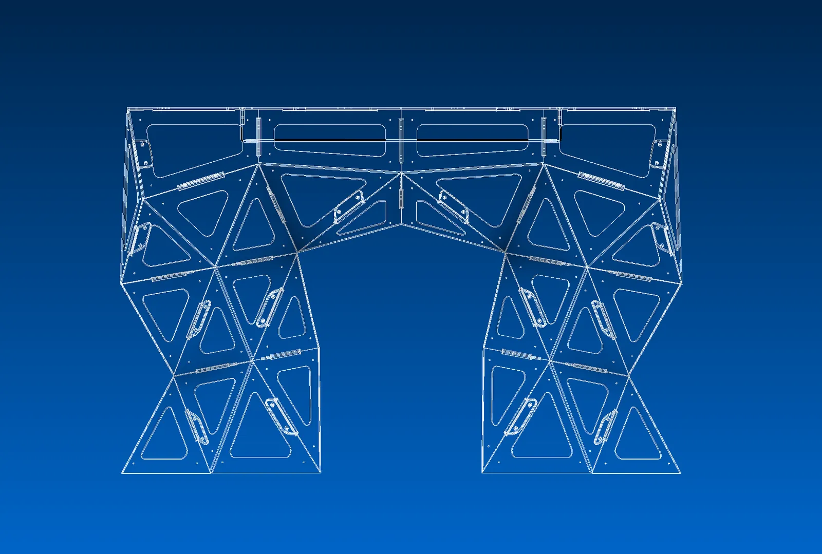 Tri Pi — front isometric blueprint plate of the faceted console.